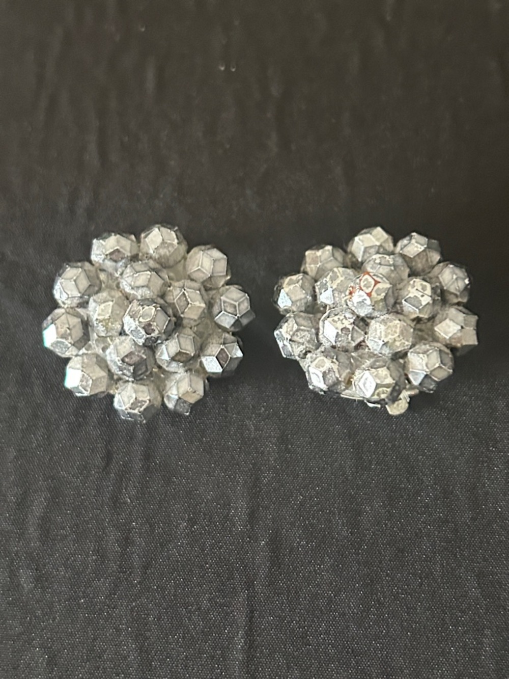 Clip Earrings Vintage Shiny Silver Beaded Mid Century Mod Cluster